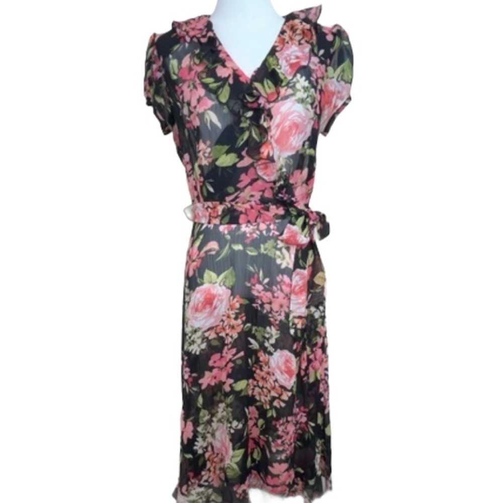 MSK Sheer Floral Faux Wrap Midi Dress Ruffle Neck 6
